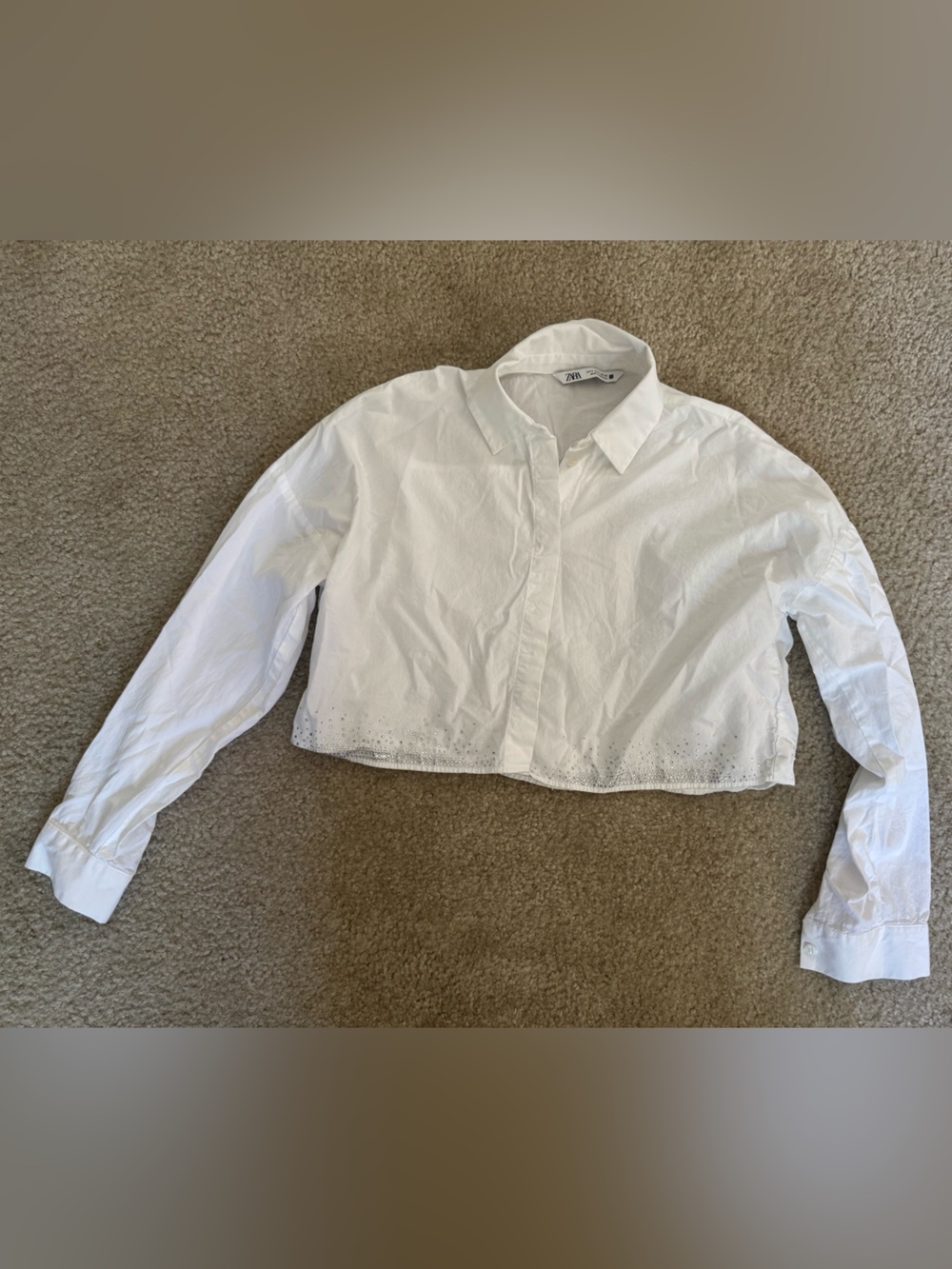 Zara White Cropped Button-Down Shirt with Eyelet Hem